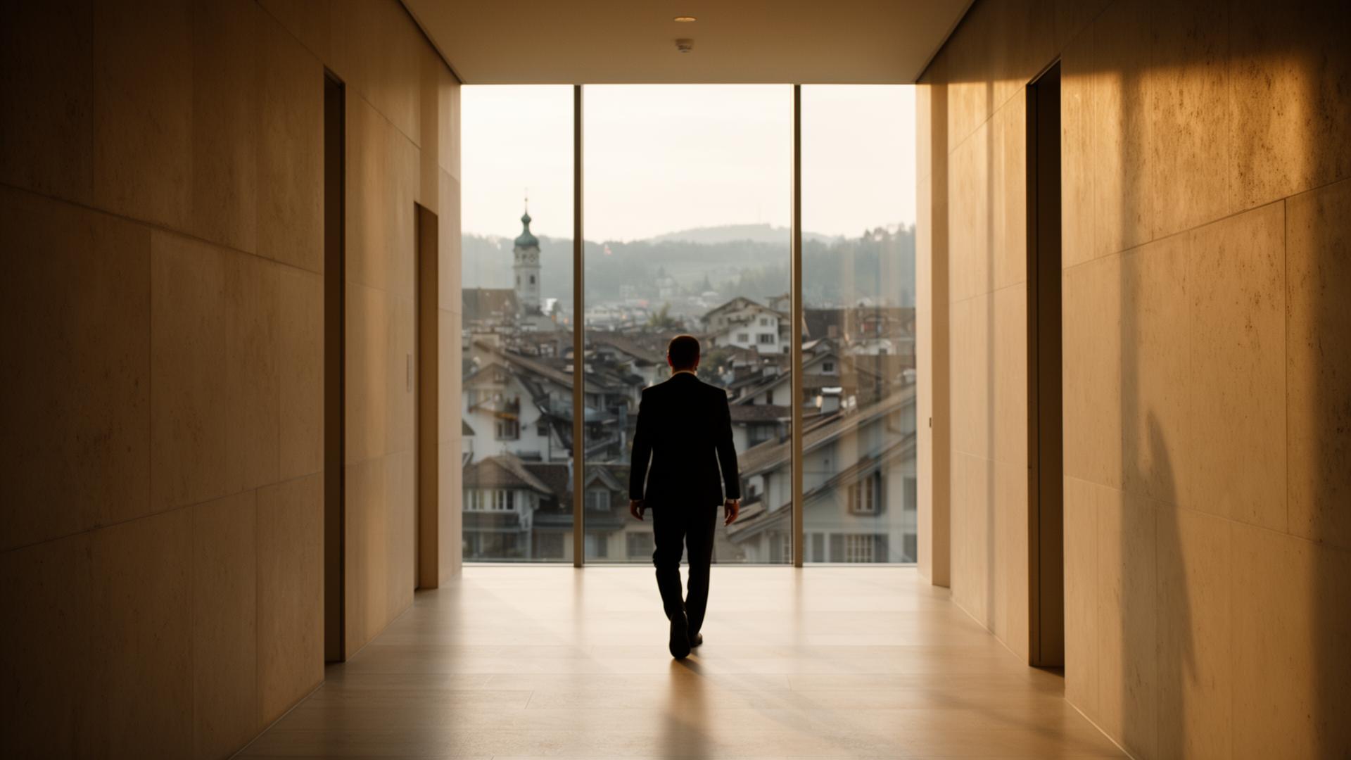 Professional in a quiet Swiss corridor